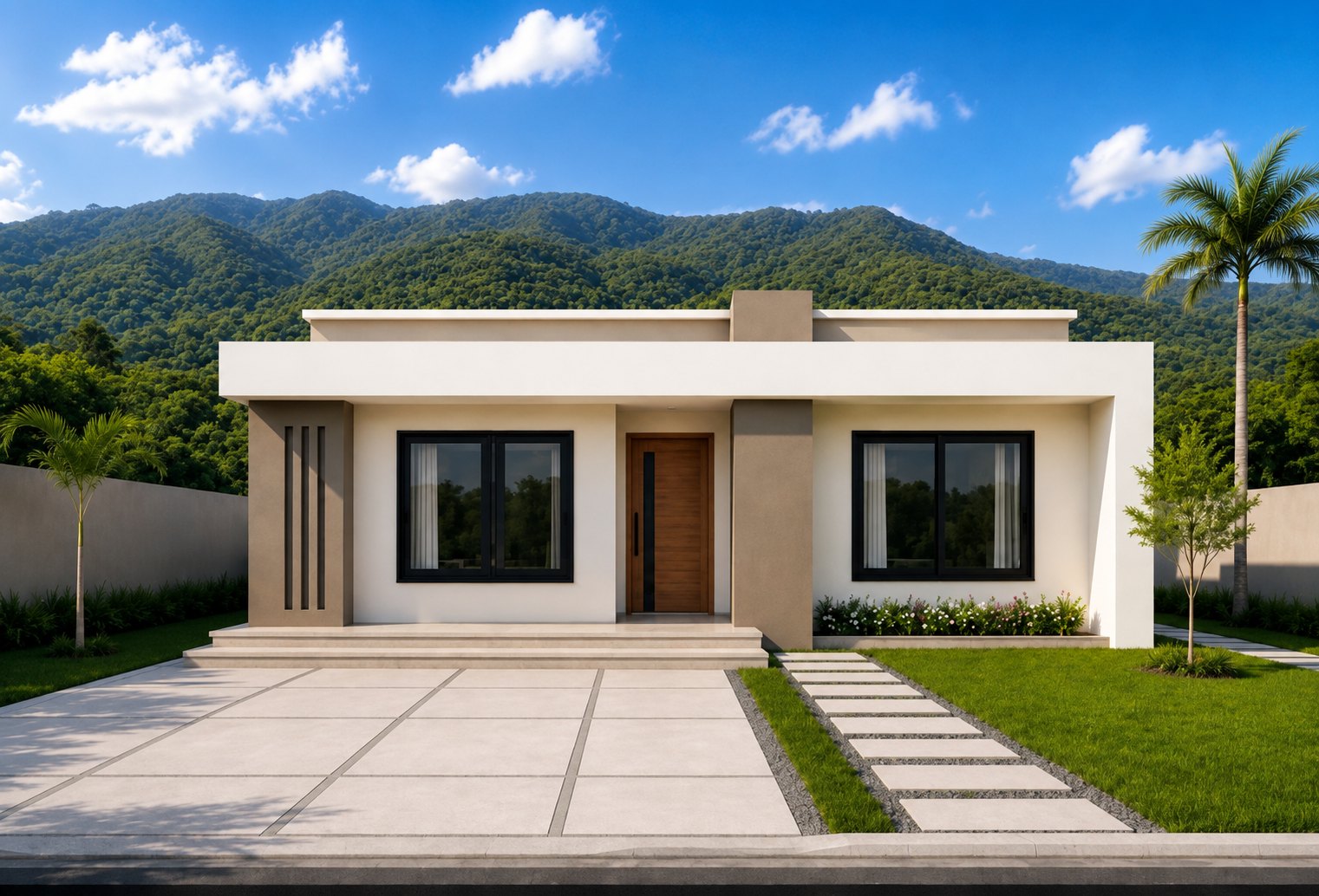 Bamboo Meadows home front elevation with mountain backdrop