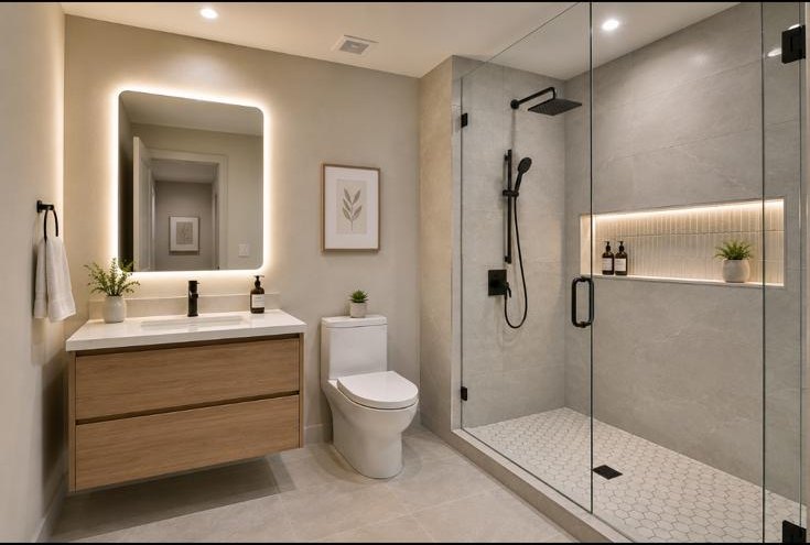 Modern bathroom with walk-in glass shower