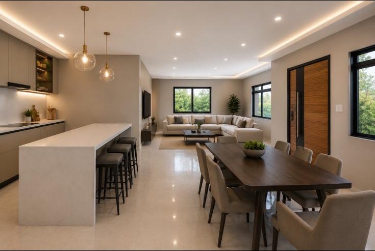 Open-concept kitchen, dining and living area