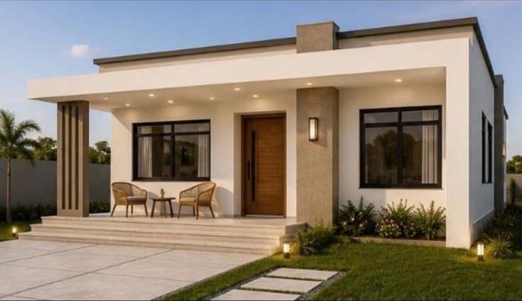 Front porch and entry of a Bamboo Meadows home at dusk